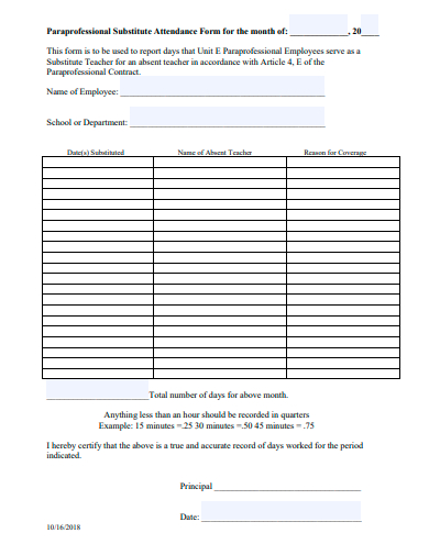 substitute attendance form template