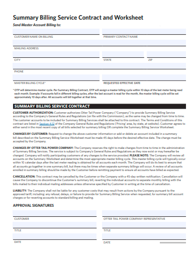 summary billing service contract and worksheet template