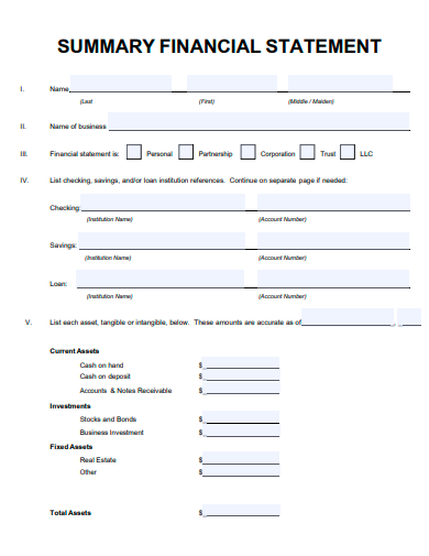 summary financial statement template