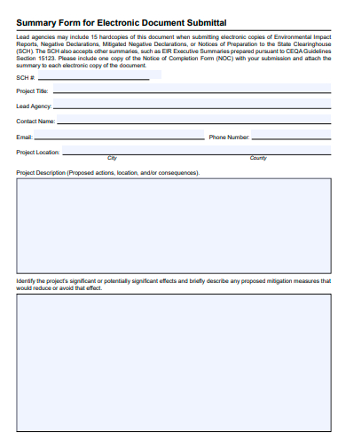summary form for electronic document submittal template