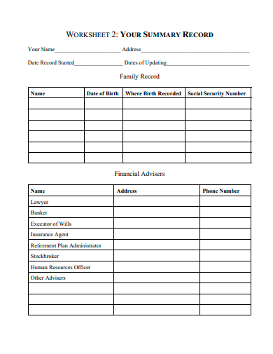 summary record worksheet template
