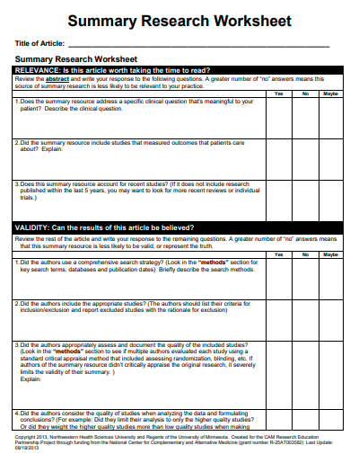 summary research worksheet template