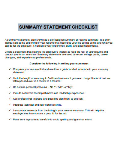 summary statement checklist template
