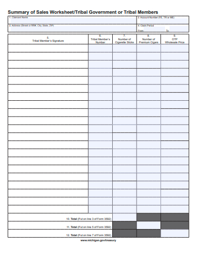 summary of sales worksheet template