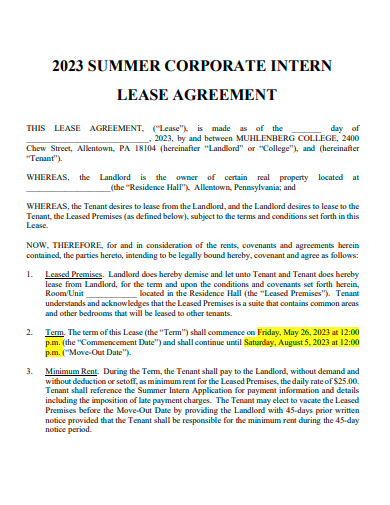 summer corporate intern lease agreement template