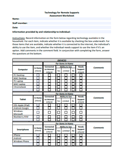 technology for remote supports assessment worksheet template