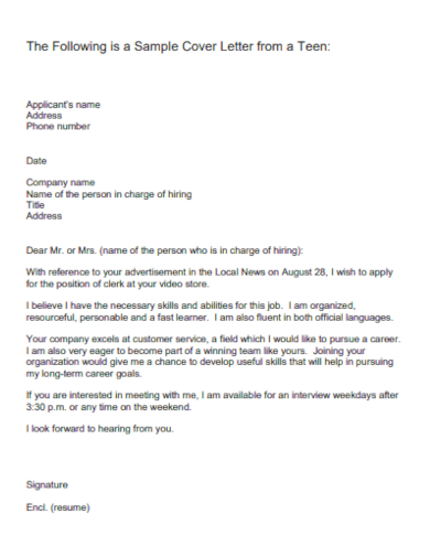 teen short cover letter