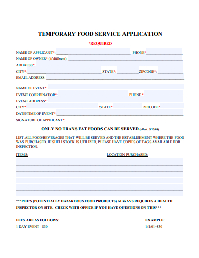 temporary food service application template