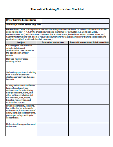 theoretical training curriculum checklist template