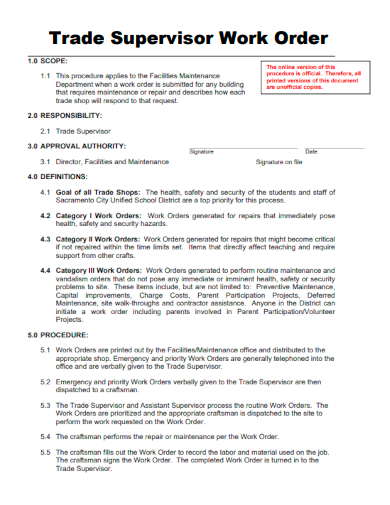 trade supervisor work order