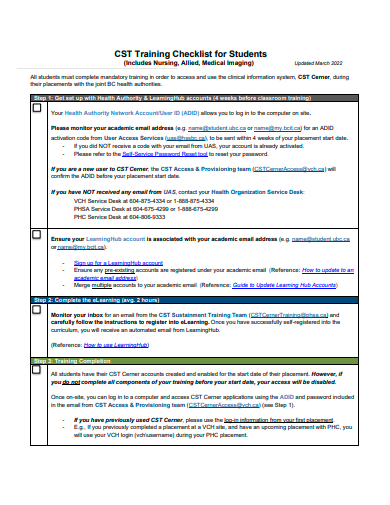 training checklist for students template