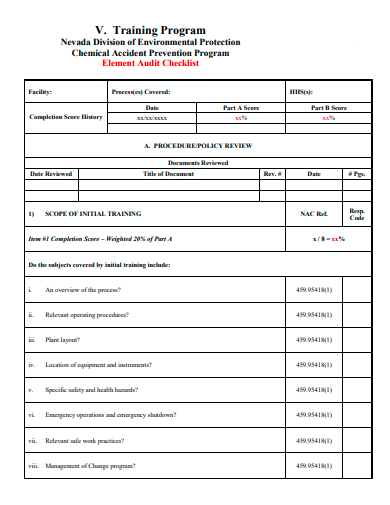 training program element audit checklist template