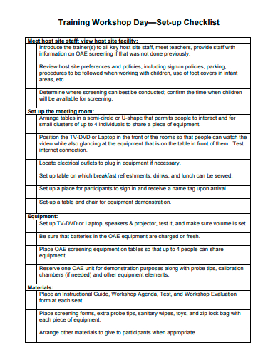 training workshop day set up checklist template