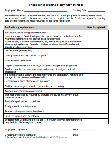 training of new staff member checklist template