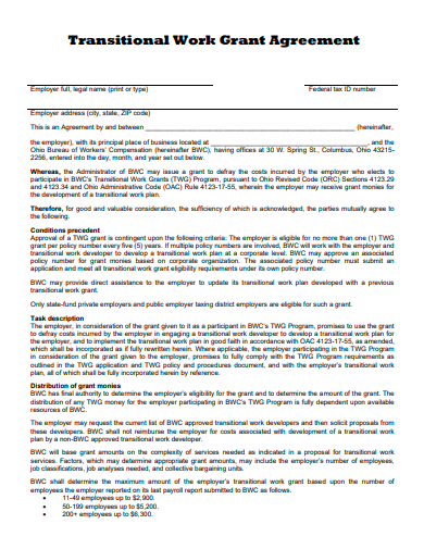 transitional work grant agreement template