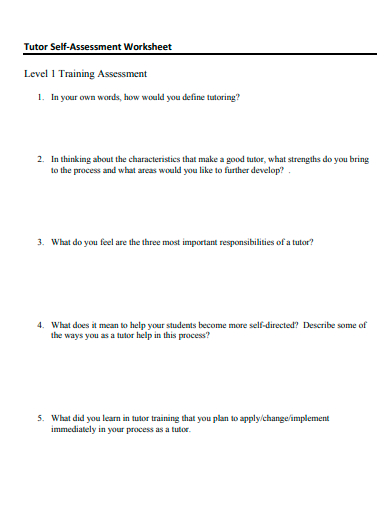 tutor self assessment worksheet template