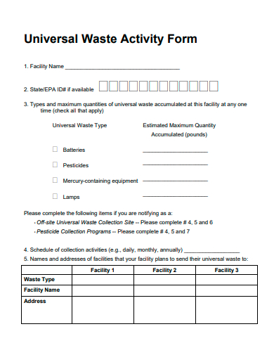 universal waste activity form template