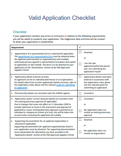 valid application checklist template