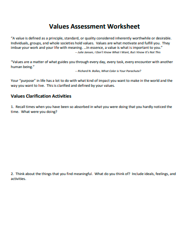 values assessment worksheet template