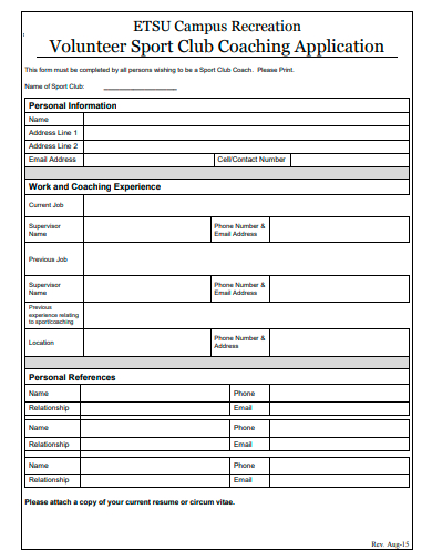 volunteer sport club coaching application template