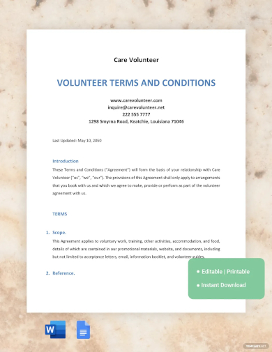 volunteer terms and conditions template