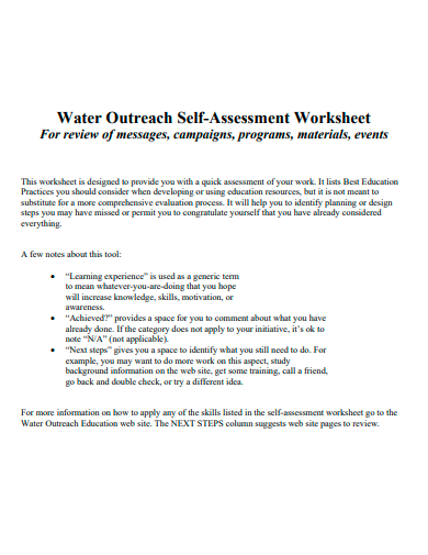 water outreach self assessment worksheet template