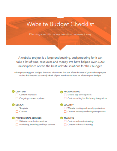 website budget checklist template