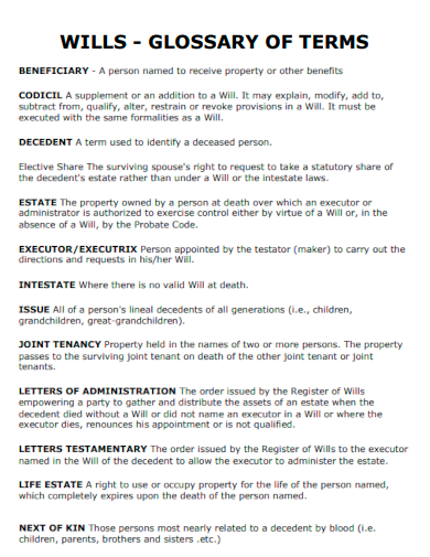 wills glossary of terms