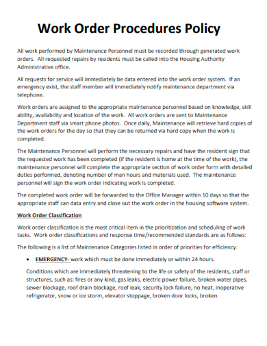 work order procedures policy