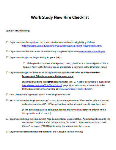 work study new hire checklist template
