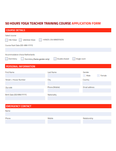 yoga teacher training course application form template