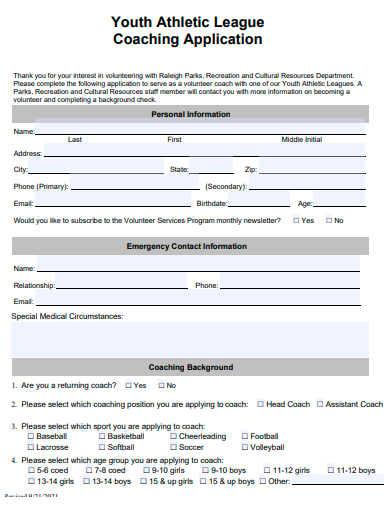 youth athletic league coaching application template