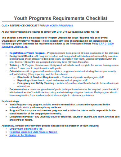 youth programs requirements checklist template
