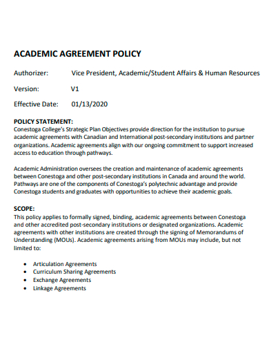 academic agreement policy template