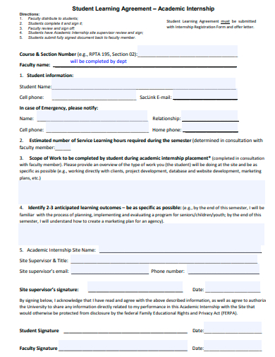 academic internship student learning agreement template