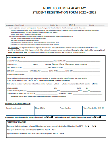 academy student registration form template