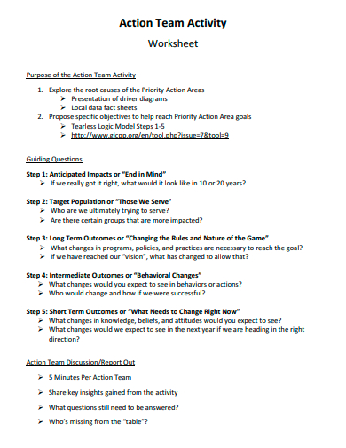 action team activity worksheet template