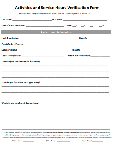 activities and service hours verification form template