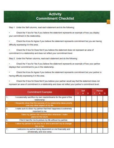 activity commitment checklist template