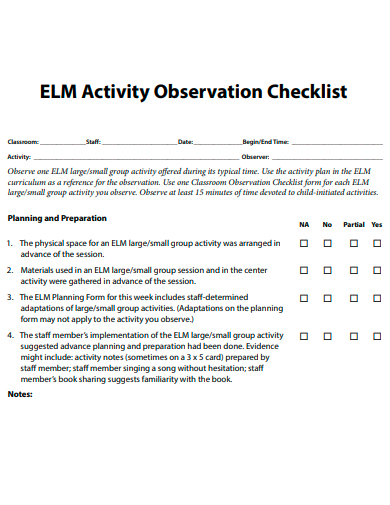 activity observation checklist template