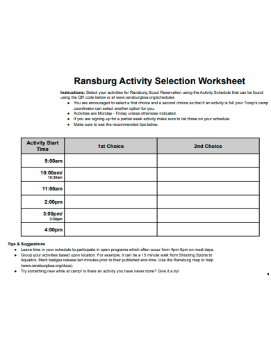 activity selection worksheet template
