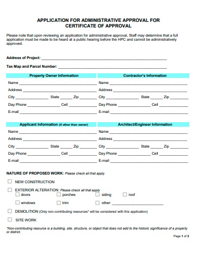 administrative certificate of approval application template