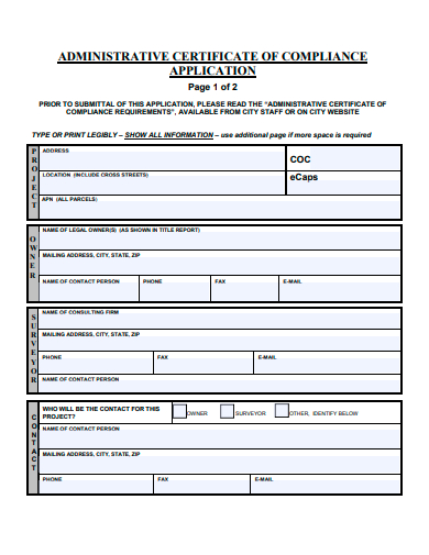 administrative certificate of compliance application template