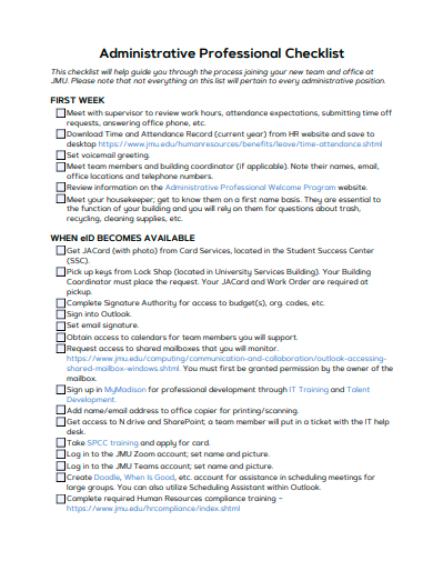 administrative professional checklist template