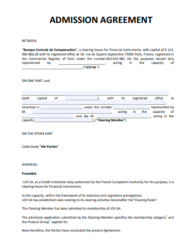 admission agreement template