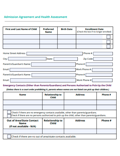 admission agreement and health assessment template