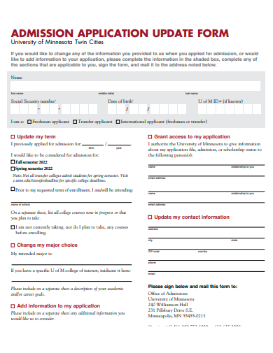 admission application update form template