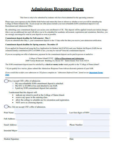 admissions response form template