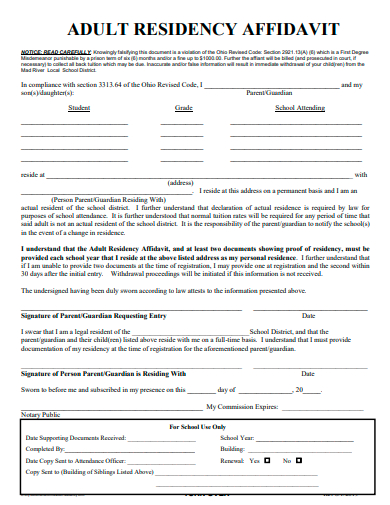 adult residency affidavit template