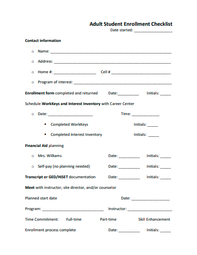 adult student enrollment checklist template